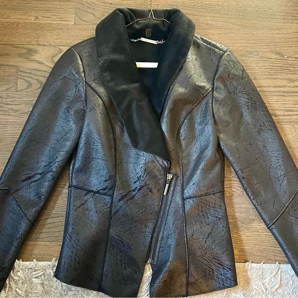 Black WHBM faux leather and suede Moto Jacket. Never worn. XS